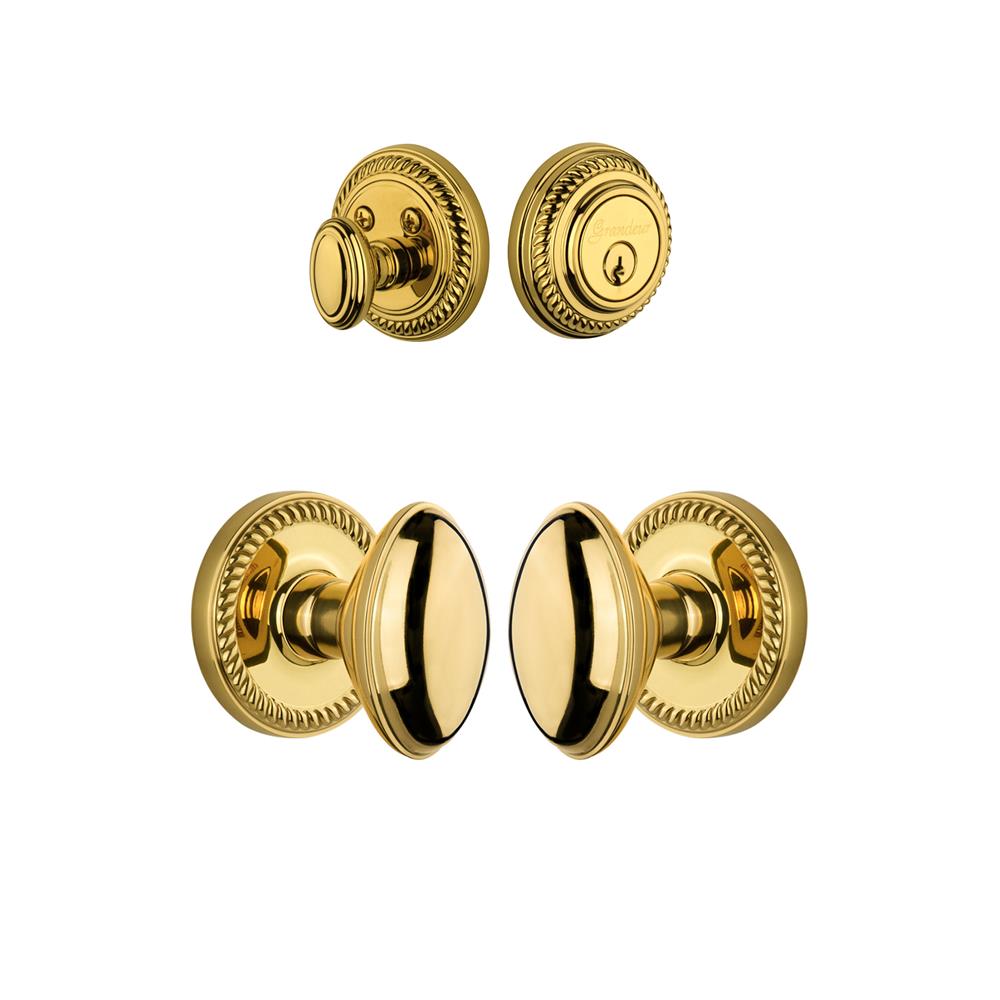 Grandeur by Nostalgic Warehouse Single Cylinder Combo Pack Keyed Differently - Newport Rosette with Eden Prairie Knob and Matching Deadbolt in Lifetime Brass